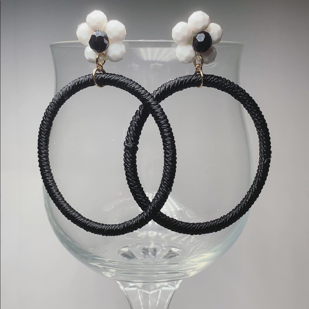 White flower Black hoop dangling BP earrings